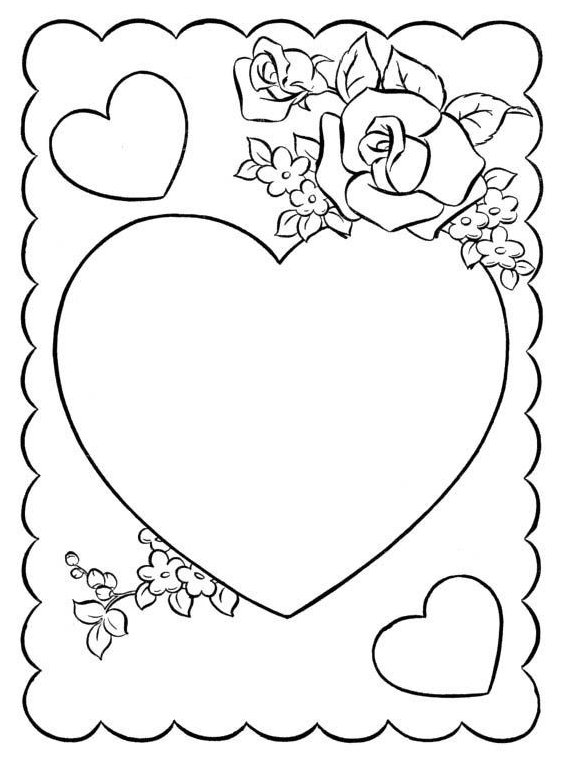Desenho de um grande coração com rosas, flores e corações menores para imprimir e celebrar o Dia das Mães.
