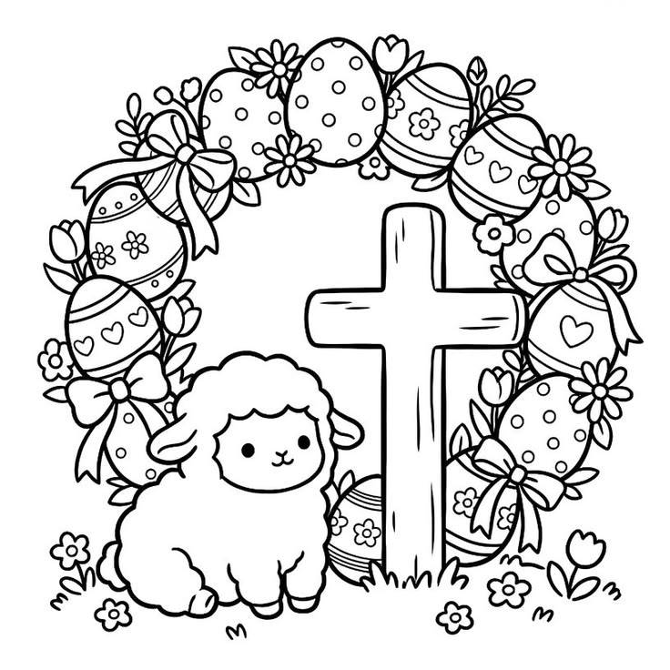 Ilustração estilo kawaii de um cordeirinho com cruz de Páscoa e guirlanda de ovos decorados para colorir.