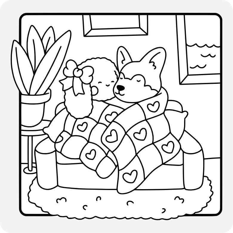 Um cãozinho da raça corgi e uma bonequinha com laço no cabelo abraçados em um sofá, cobertos por um cobertor com estampas de corações, ao lado de um vaso de plantas.