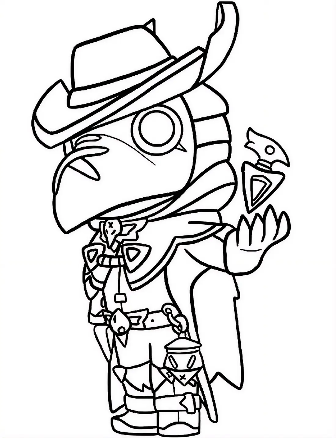 Desenho para colorir do brawler Corvo do jogo Brawl Stars usando seu chapéu, capa e segurando uma adaga venenosa na mão.