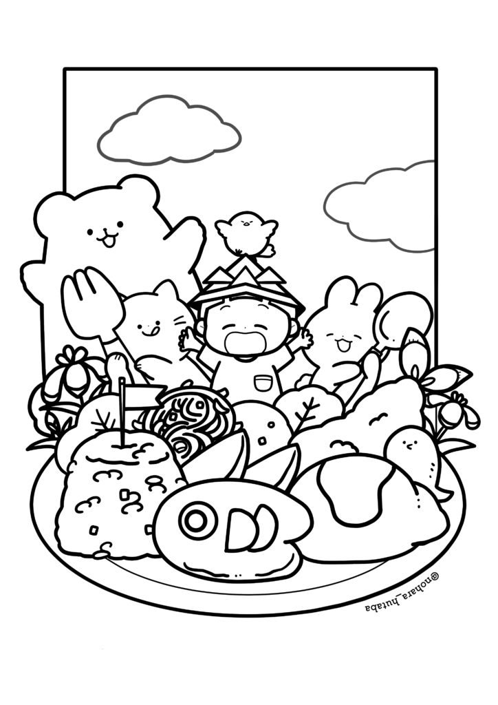 Desenho kawaii de criança com chapéu, urso, gato, coelho, peixe e comida para colorir e imprimir.