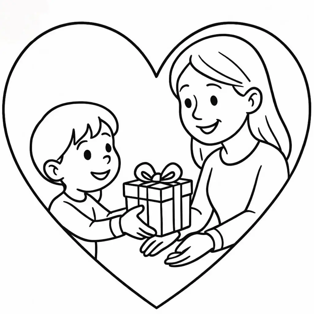 Ilustração em preto e branco de um menino entregando um presente com laço para sua mãe, ambos dentro de uma grande moldura em formato de coração.