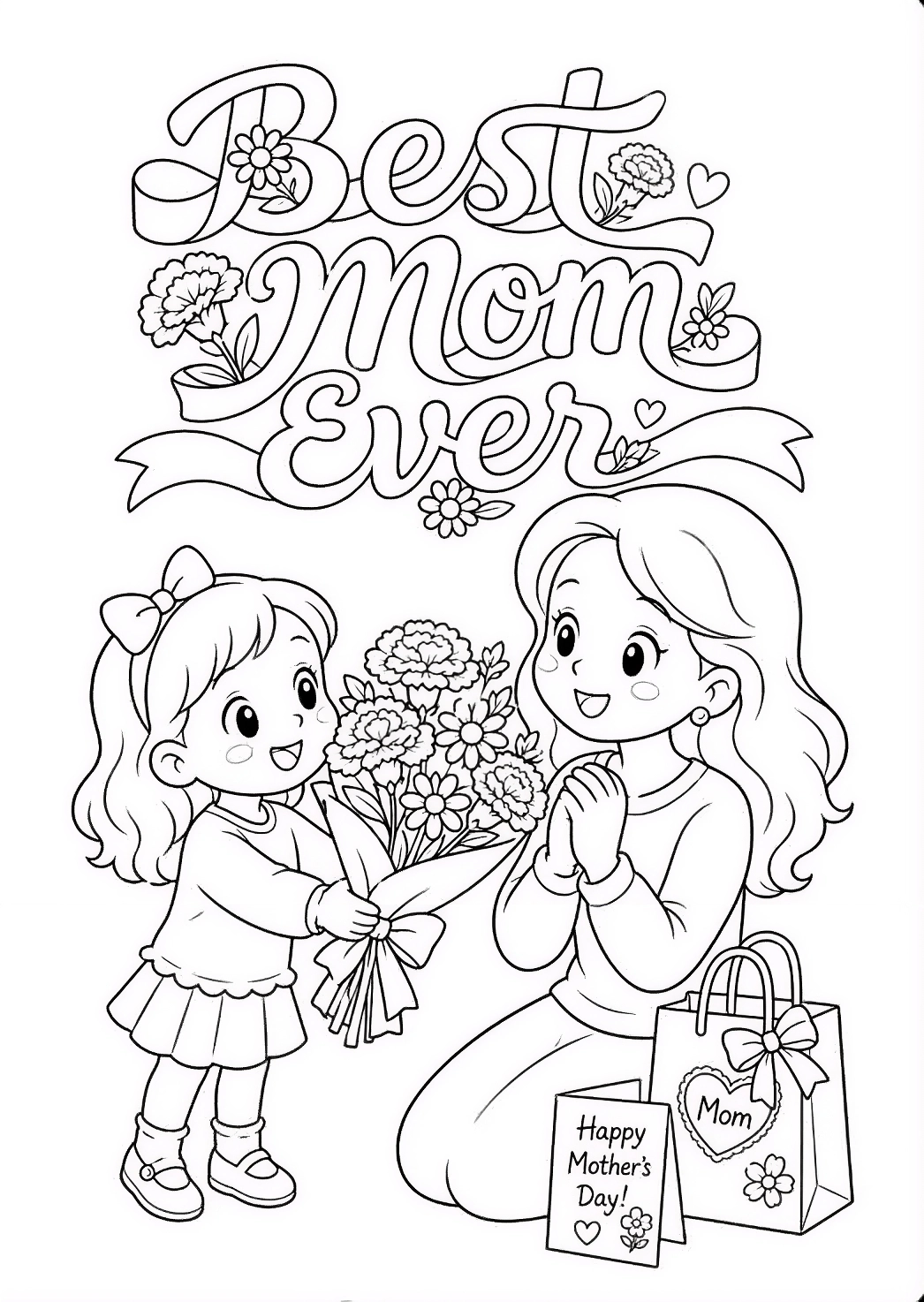 Uma menina pequena entregando um buquê de flores para sua mãe, que está ajoelhada, sorrindo e com um presente ao lado.