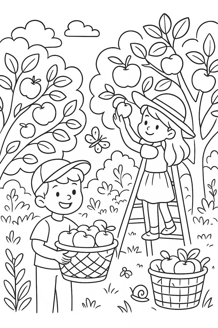 Um menino e uma menina em um pomar, ela em cima de uma escada alcançando maçãs e ele segurando uma cesta cheia de frutas.