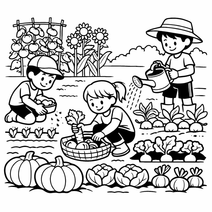 Três crianças felizes em uma horta, regando plantas, colhendo cenouras e cuidando de tomates e abóboras.