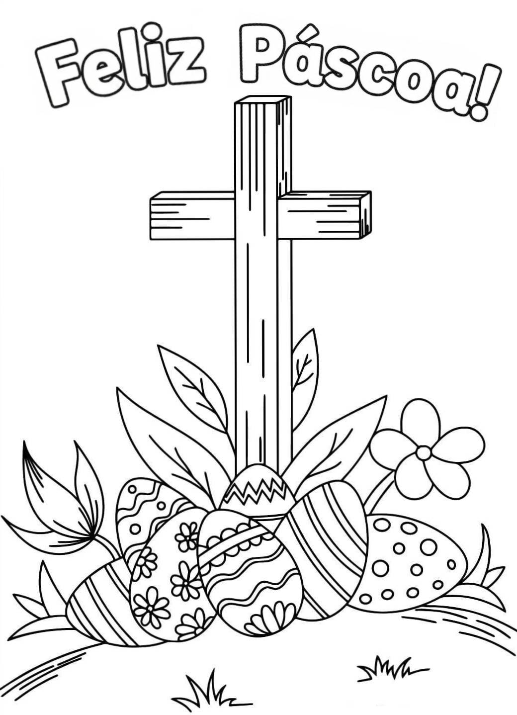 Ilustração de uma cruz de madeira com o texto Feliz Páscoa e ovos decorados na base, estilo infantil para colorir.