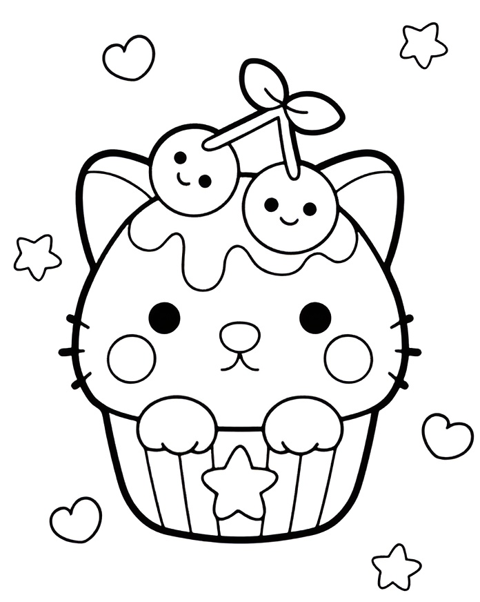 Desenho de um cupcake fofo em formato de gato com cerejas sorridentes, corações e estrelas flutuando ao redor para imprimir e colorir.