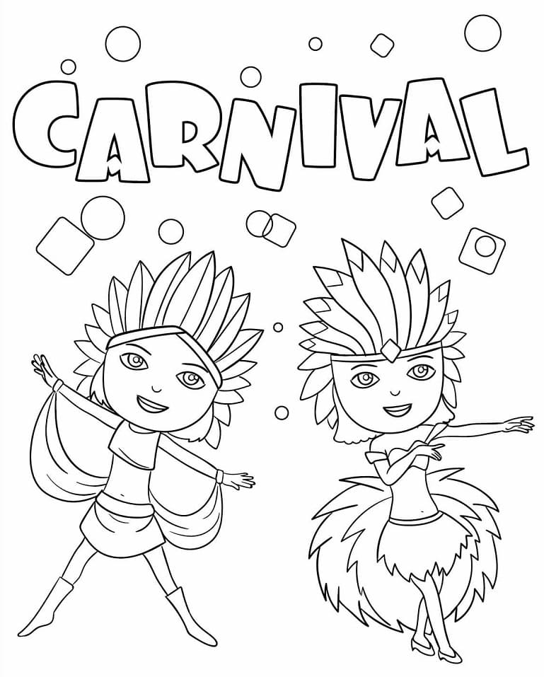 Desenho de uma dança típica do Carnaval, o samba, para imprimir e pintar. O desenho possui traços infantilizados para crianças de todas as idades.