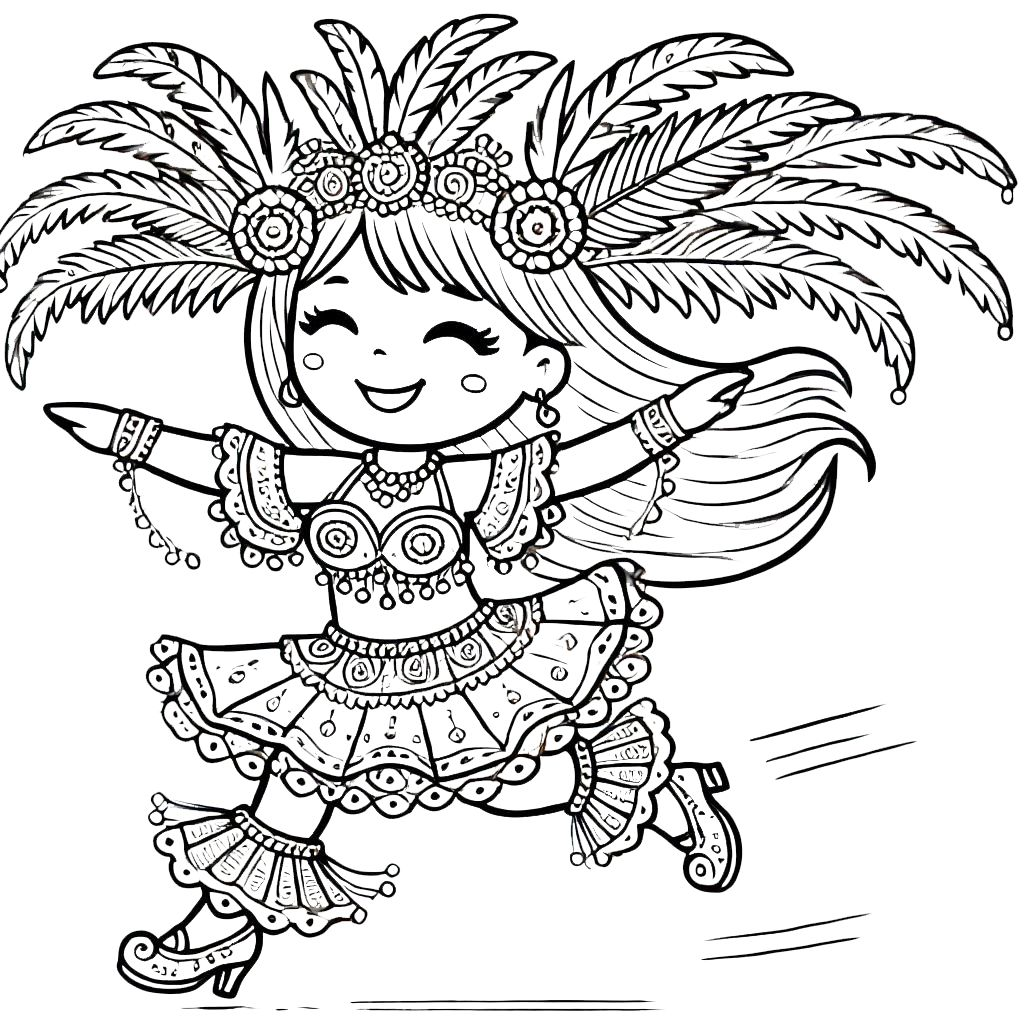 Desenho de uma dançarina muito carismática dançando em uma apresentação de natal para imprimir e colorir.