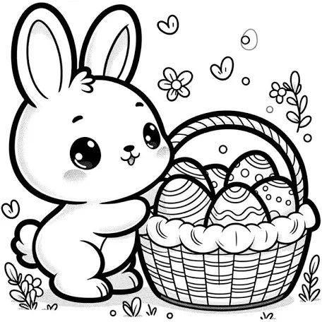Desenho de um coelho com uma cesta de ovos da páscoa, pronto para ser colorido durante o feriado.