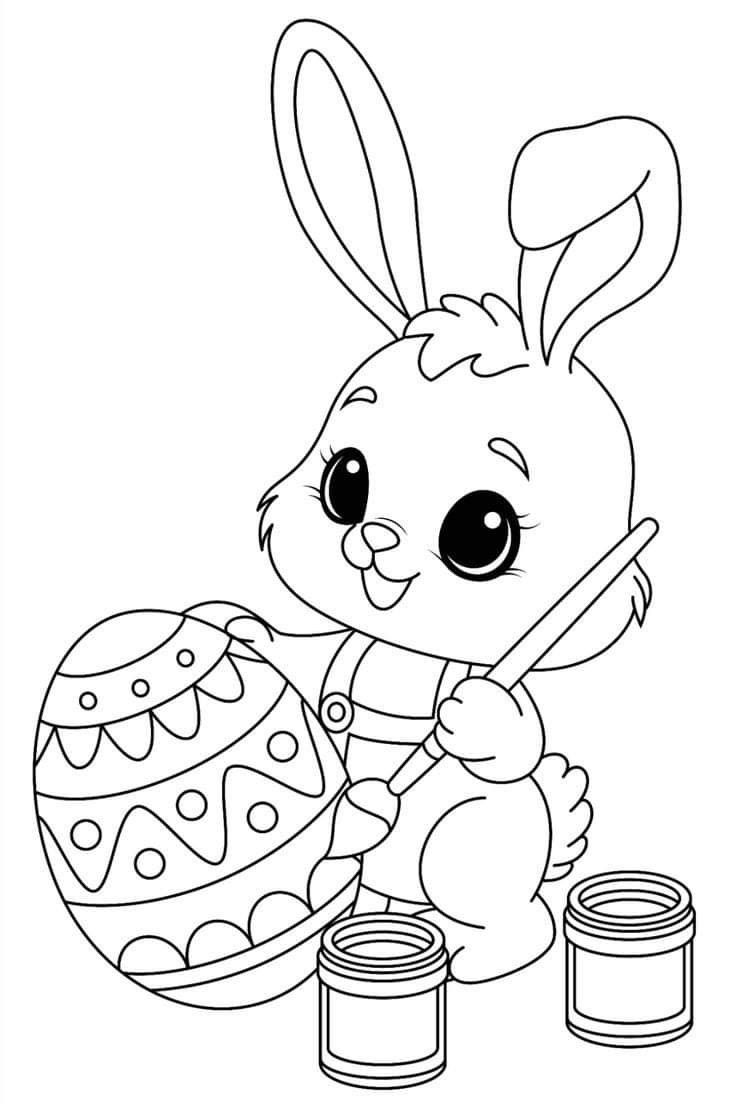 Desenho de um coelho colorindo seu ovo de páscoa para as crianças pintarem no feriado.