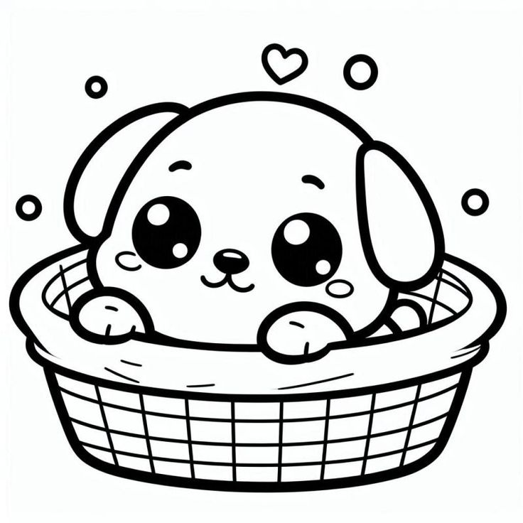 Desenho infantil, muito fácil de colorir, de um cachorrinho filhote fofo em um cesto
