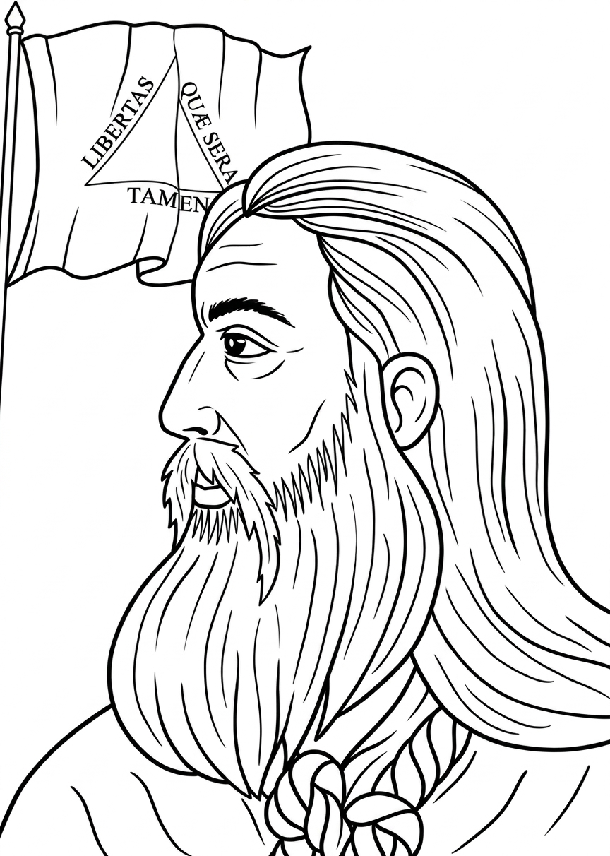 Desenho em preto e branco de Tiradentes com barba longa e cabelos compridos, tendo ao fundo a bandeira de Minas Gerais com o triângulo e a frase Libertas Quæ Sera Tamen.