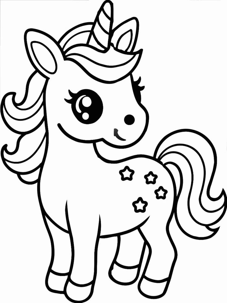 Unicórnio fofo com estrelas e um lindo sorriso. Leve o mundo mágico dos unicórnios com este lindo desenho para colorir.