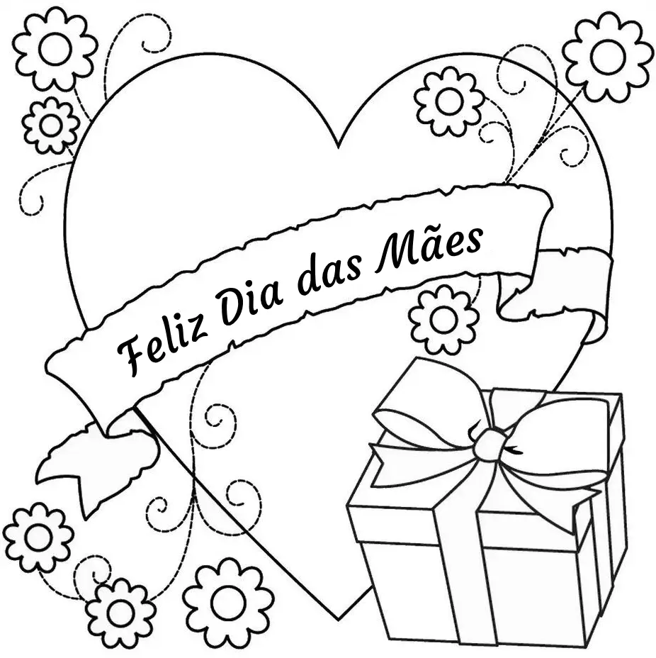 Desenho para colorir de um grande coração com flores nas bordas, uma faixa com a frase 'Feliz Dia das Mães' e um presente com laço na lateral.