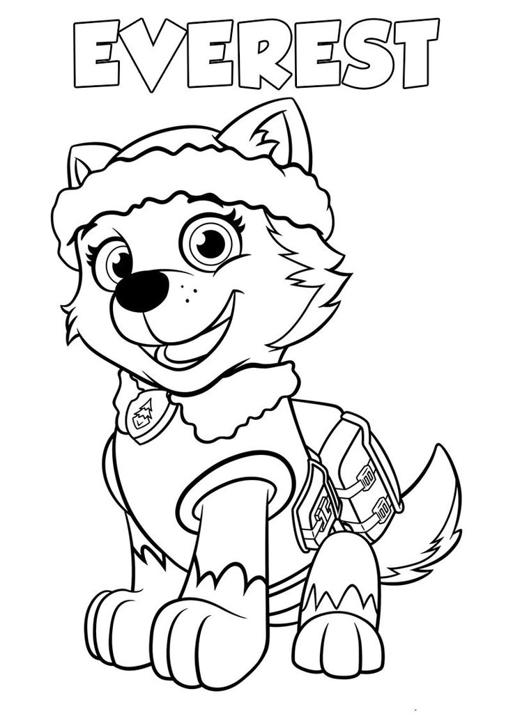 Desenho da filhote Everest, uma husky siberiana da Patrulha Canina, sorrindo e pronta para colorir.