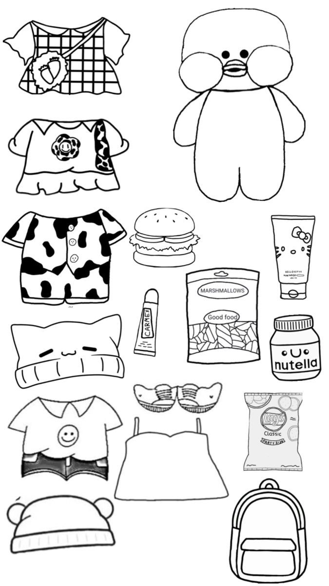 Folha de atividades com um patinho de papel estilo LalaFanfan cercado por diversas roupas, acessórios, um hambúrguer, Nutella e salgadinhos para colorir.