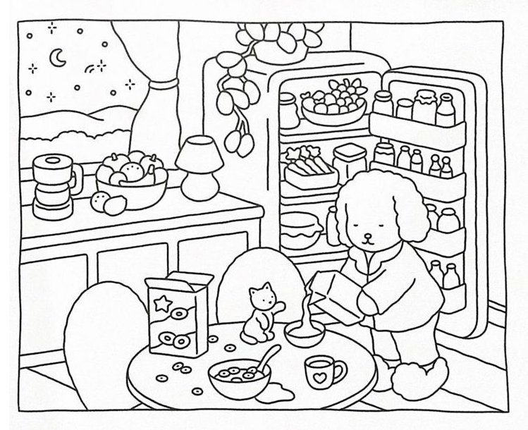 Bobbie Goods preparando uma tigela de cereal em uma cozinha aconchegante. Desenho para colorir e imprimir.