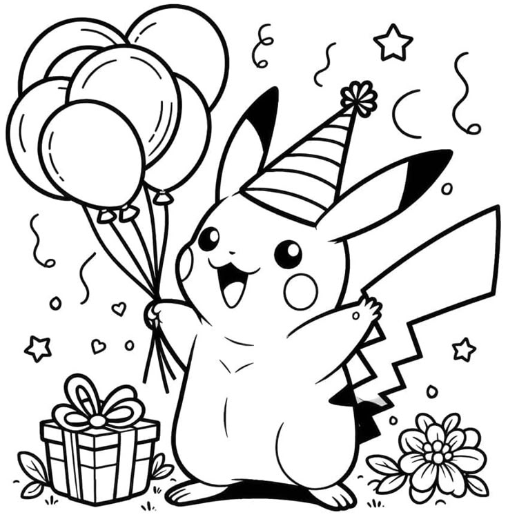 Desenho do personagem Pikachu, do desenho Pokémon, segurando balões em uma festa de aniversário, com presente e chapéu de festa, para colorir e imprimir.