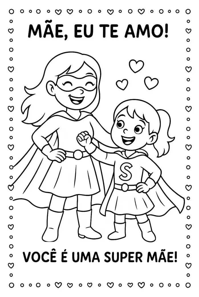 Ilustração em traços pretos de uma mãe e uma filha vestidas de super-heroínas com capas, sorrindo e cercadas por corações, com o texto MÃE, EU TE AMO!