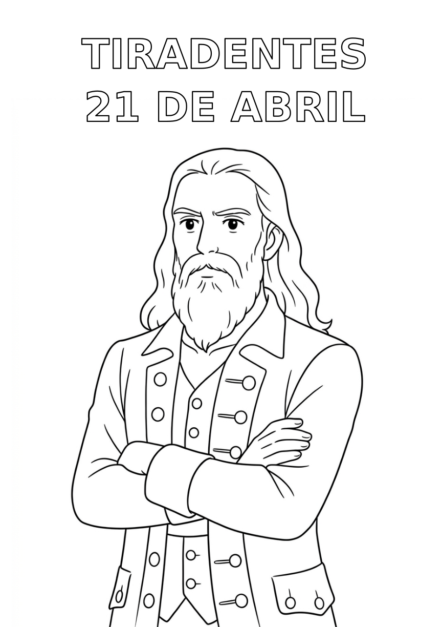 Desenho de linha de Tiradentes com cabelos longos e barba, vestindo traje de época com braços cruzados, pronto para colorir.