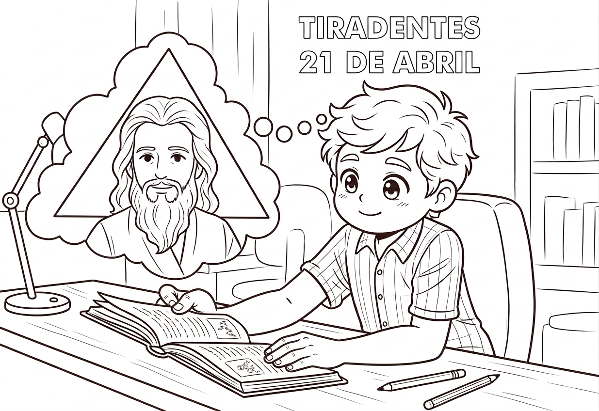 Desenho para colorir de um menino estudando sobre a história de Tiradentes com uma ilustração do herói dentro de um balão de pensamento.