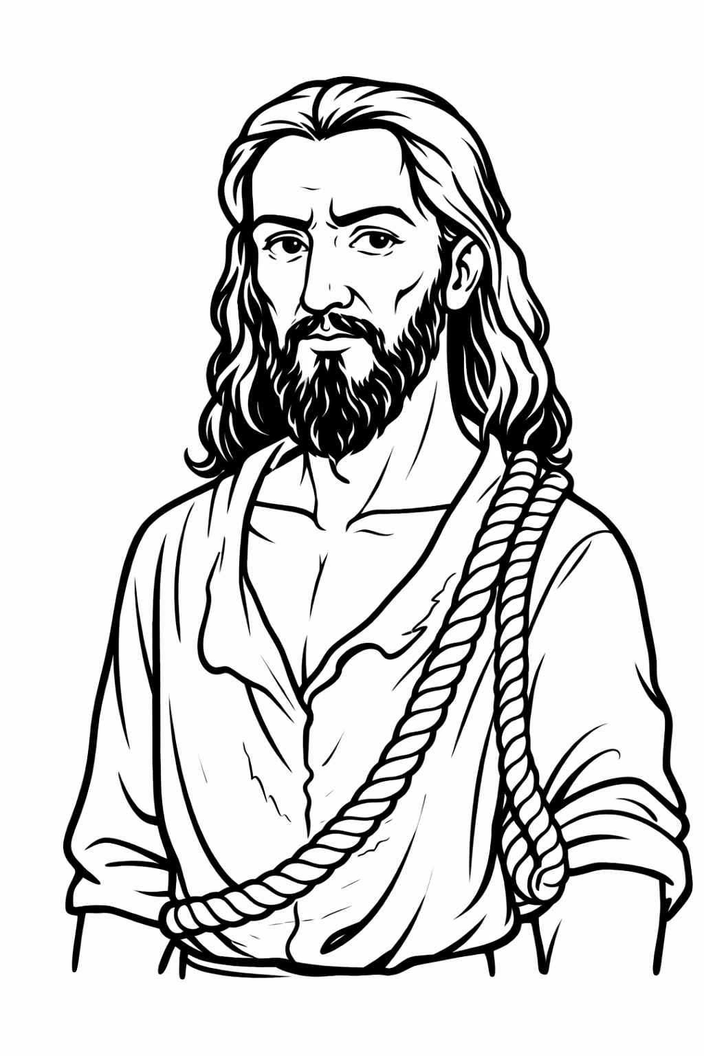 Ilustração em traços pretos estilo linha de Tiradentes, com cabelos longos, barba e uma corda sobre o ombro, representando o mártir da Inconfidência Mineira.