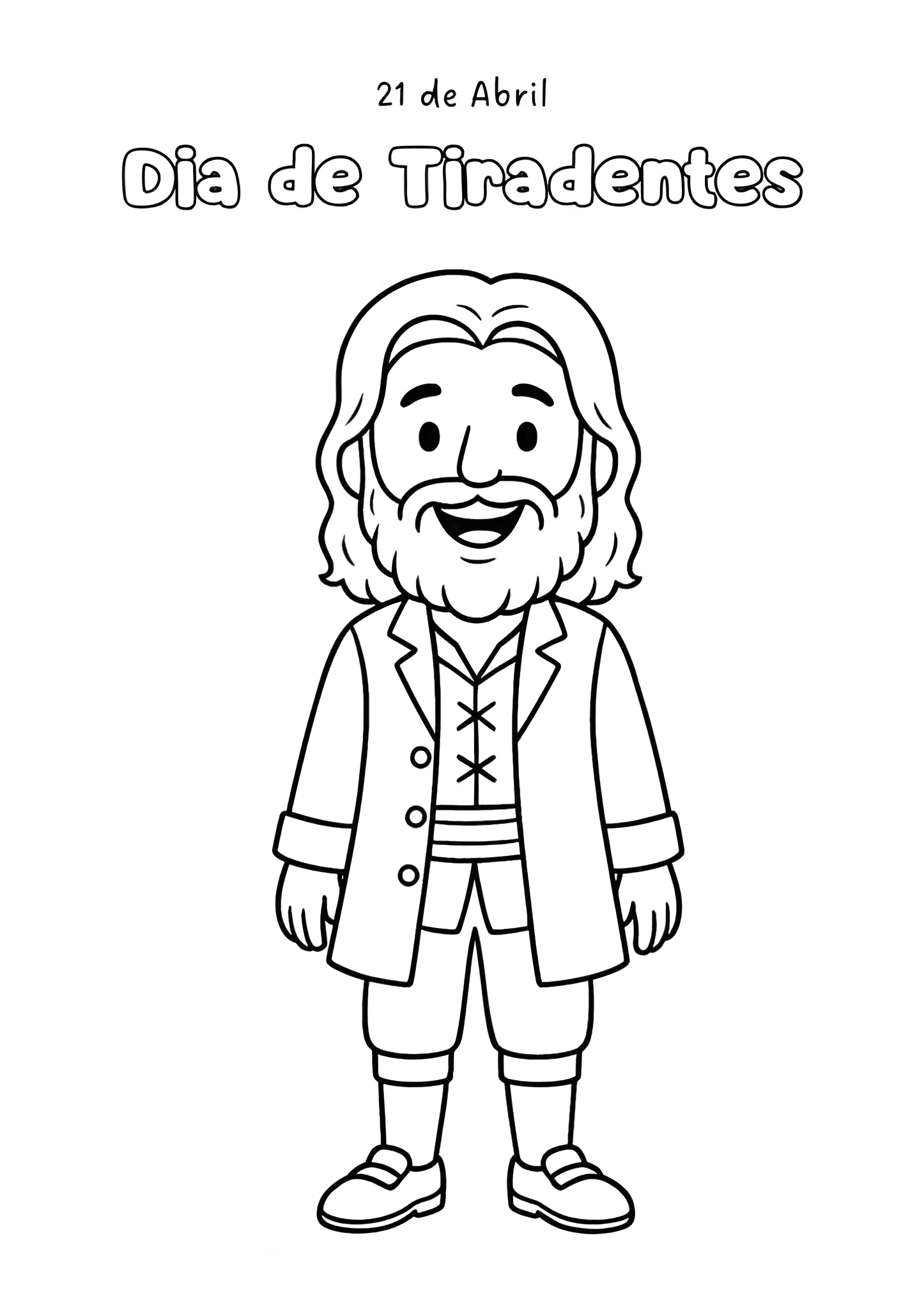 Ilustração infantil do personagem histórico Tiradentes para colorir, com barba e vestimentas de época.