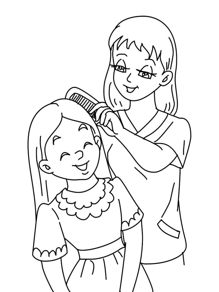 Desenho para imprimir de uma mãe penteando o cabelo de sua filha, demonstrando o amor maternal em sua forma mais bela.