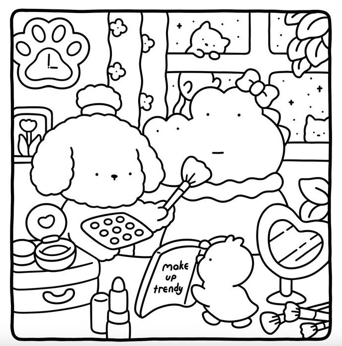 Desenho do Dia de Beleza da Bobbie Goods com um poodle maquiando um jacaré em um salão de beleza cheio de detalhes para colorir e se divertir.