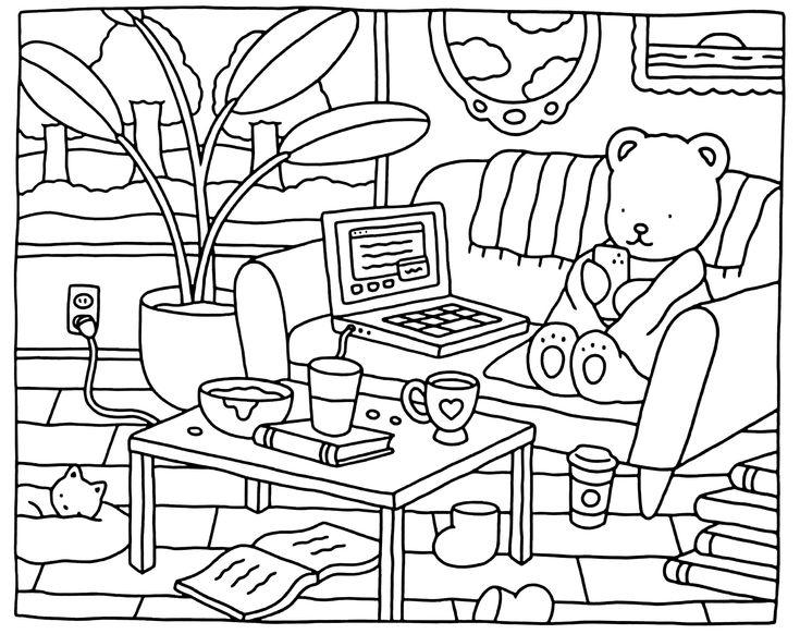 Desenho de um urso Boobie Goods relaxando em uma sala aconchegante, usando pantufas e segurando um celular, para colorir e imprimir.