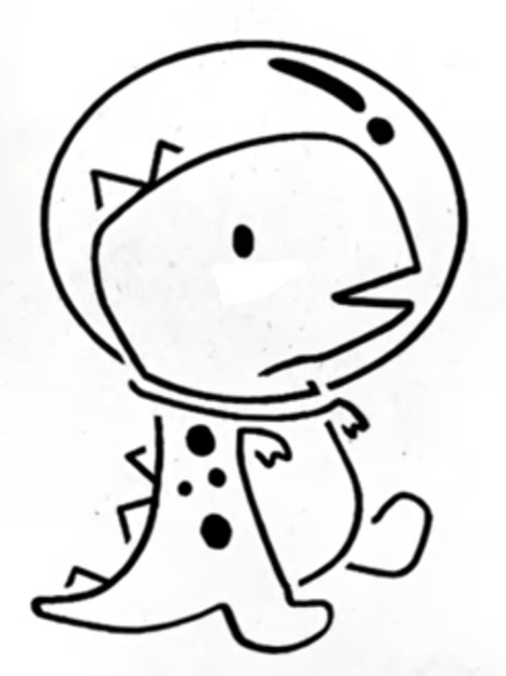Desenho de um dinossauro bebê fofo vestido de astronauta com um capacete espacial e roupa cheia de bolinhas, pronto para colorir.