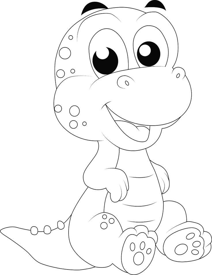 Desenho de um dinossauro bebê fofo com olhos grandes, manchas e sorriso amigável para colorir e imprimir.