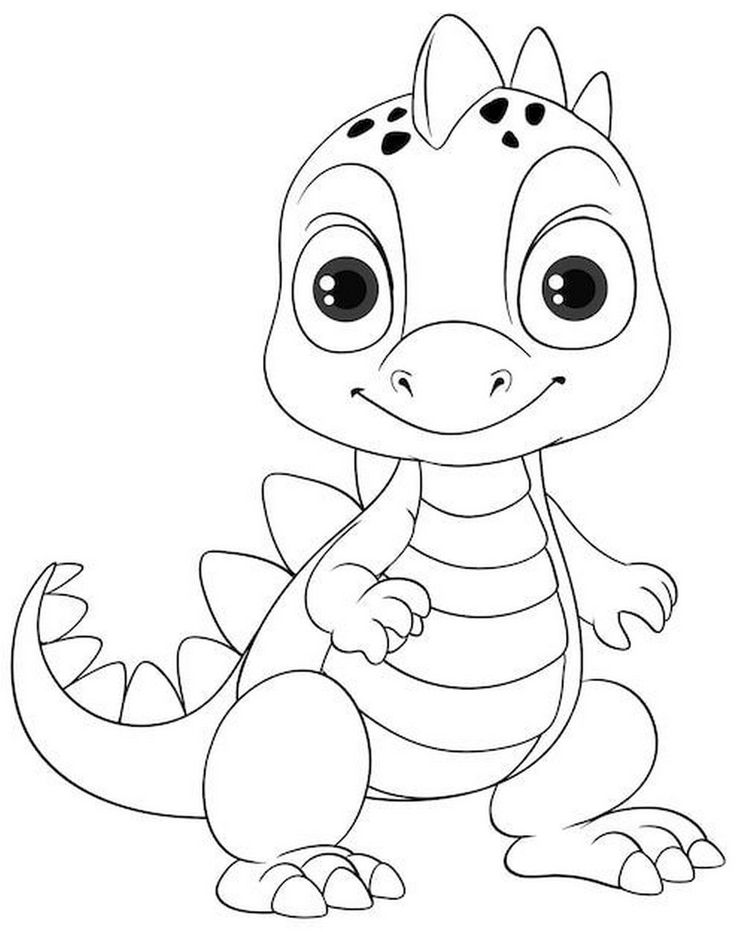 Ilustração de um dinossauro bebê de desenho animado com grandes olhos redondos, ideal para crianças pintarem e se divertirem.
