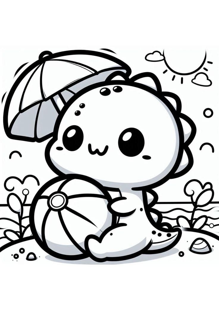 Desenhos de um dinossaurinho muito fofo e kawaii, perfeito para crianças pequenas, para imprimir e colorir