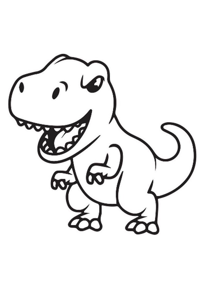 Desenho de um T-Rex infantil com dentes pontudos, braços curtos e cauda curvada, estilo cartoon, para imprimi e colorir.