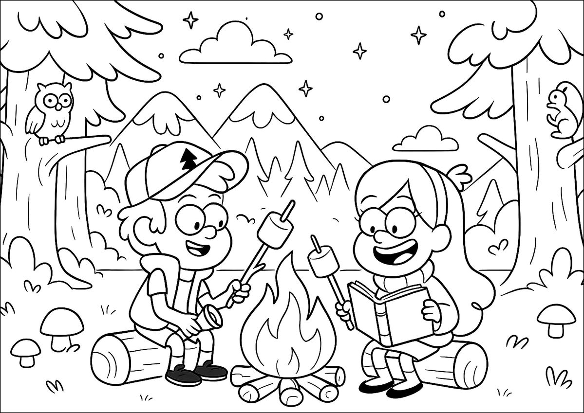 Dipper e Mabel Pines sentados em troncos ao redor de uma fogueira na floresta, com Dipper segurando um marshmallow e Mabel lendo um livro, acompanhados por uma coruja e um esquilo.