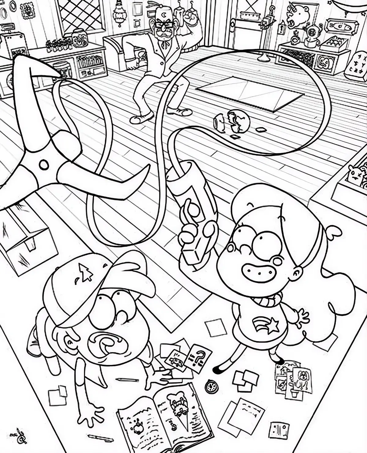 Cena de Gravity Falls com Mabel segurando uma arma de gancho, Dipper analisando o Diário 3 e o Tio Stan ao fundo na Cabana do Mistério.