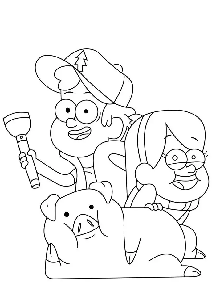 Dipper Pines segurando uma lanterna ao lado de sua irmã Mabel Pines e do porquinho Waddles, prontos para uma investigação em Gravity Falls.