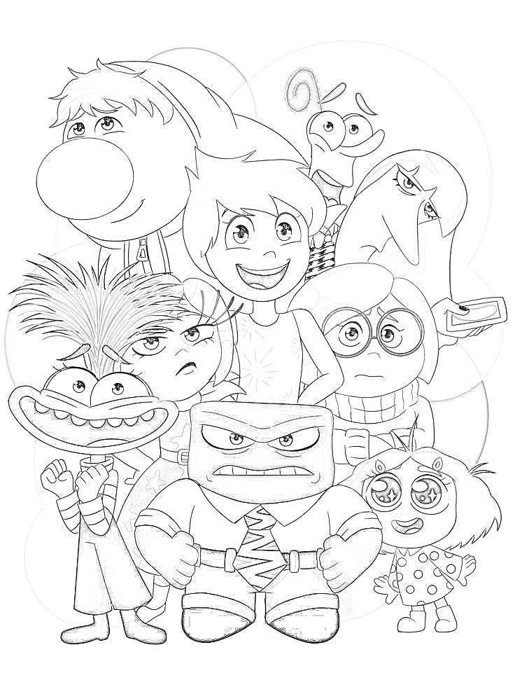 Desenho para colorir com os personagens Alegria, Tristeza, Raiva, Medo, Nojinho, Ansiedade, Inveja, Tédio e Vergonha do filme Divertida Mente 2.