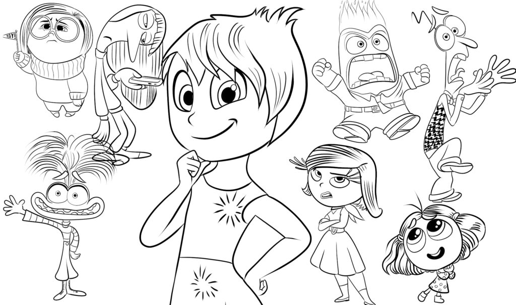 Desenho dos personagens do filme Divertida Mente: Alegria, Tristeza, Medo, Raiva, Nojinho e Ansiedade, Tédio e Inveja, para colorir e imprimir.