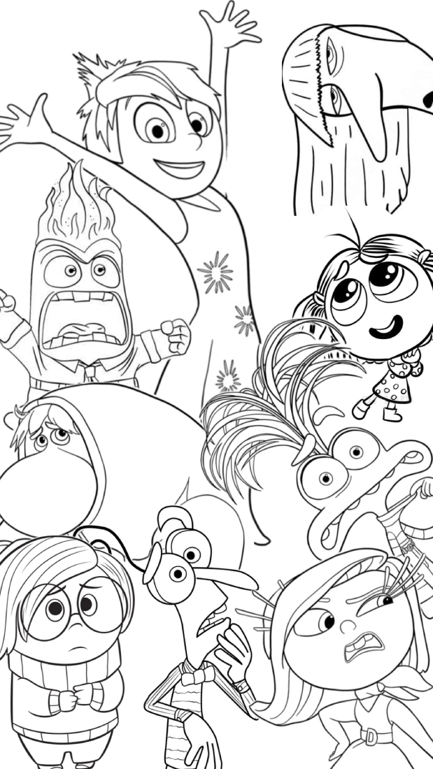 Desenhos para colorir dos personagens do filme Divertida Mente 2: Alegria, Tristeza, Raiva, Medo, Nojinho, Ansiedade, Inveja, Vergonha e Tédio. Todos os personagens reunidos.