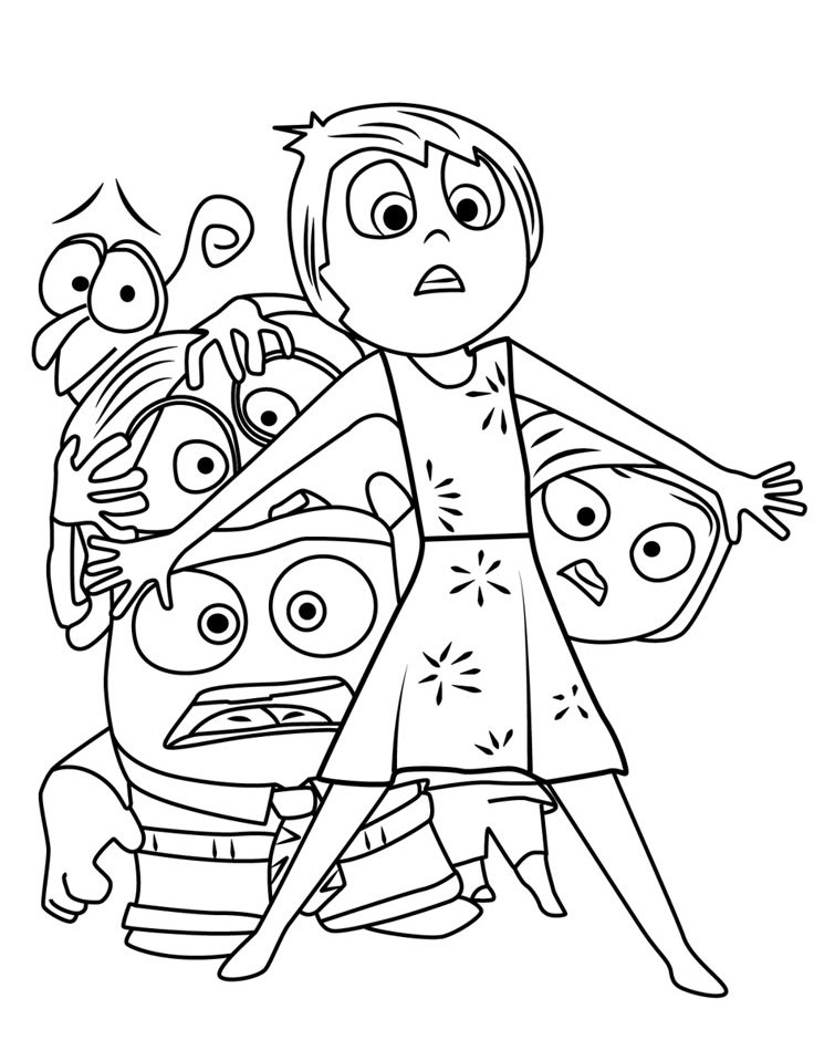 Desenho para colorir dos personagens do filme Divertida Mente (Inside Out) com a Alegria, Tristeza, Raiva e Medo.