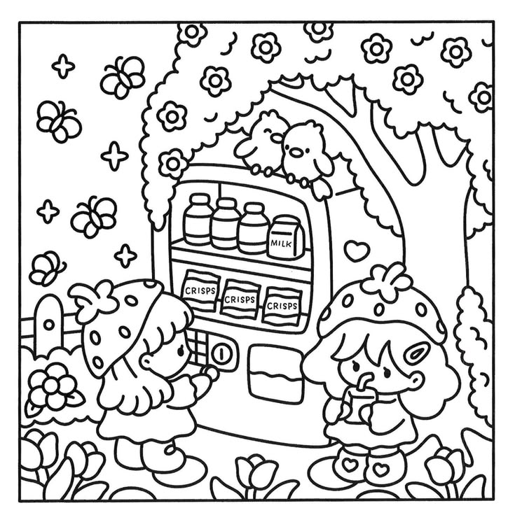 Duas meninas fofas com chapéus de morango em um jardim, uma escolhendo um lanche em uma máquina automática enquanto a outra toma um suco.