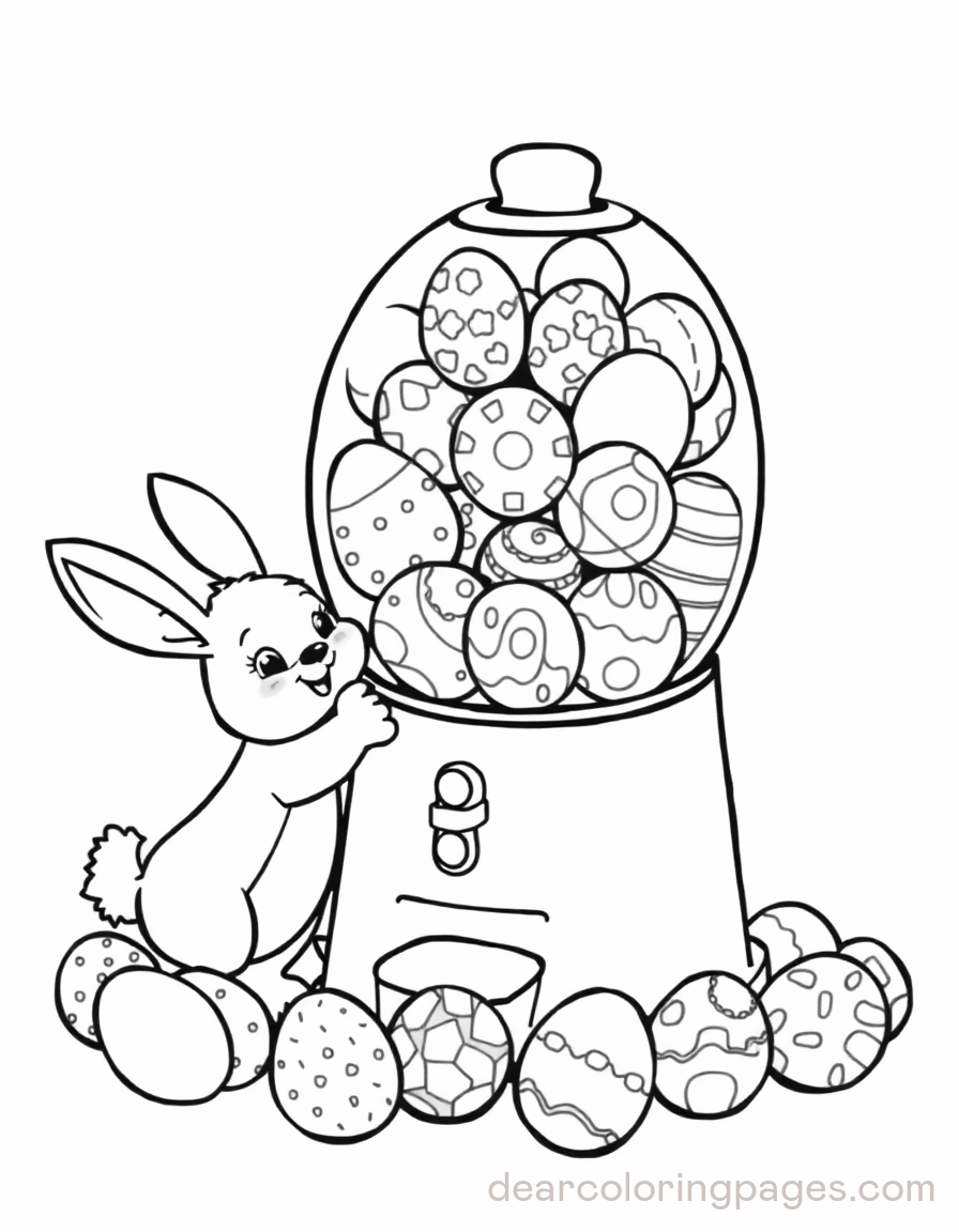 Desenho para colorir de um coelho da pascoa em uma máquina cheia de ovos decorados