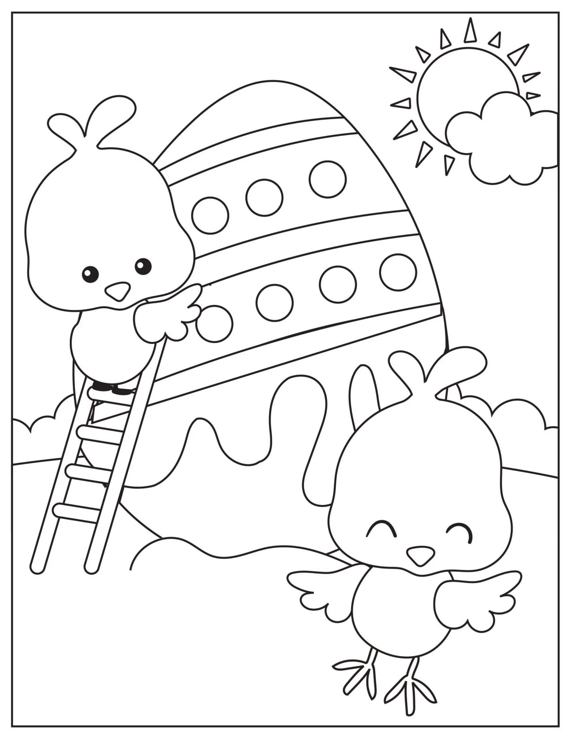 Desenho de 2 pitinhos decorando um ovo da páscoa gigante para colorir