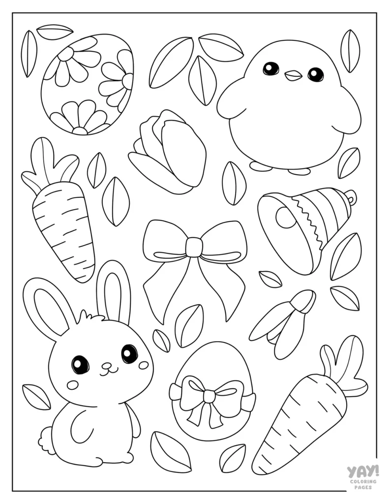 Desenho com vários moldes de símbolos da páscoa para imprimir e enfeitar: ovos, cenouras, pintinhos, coelhos e lacinhos