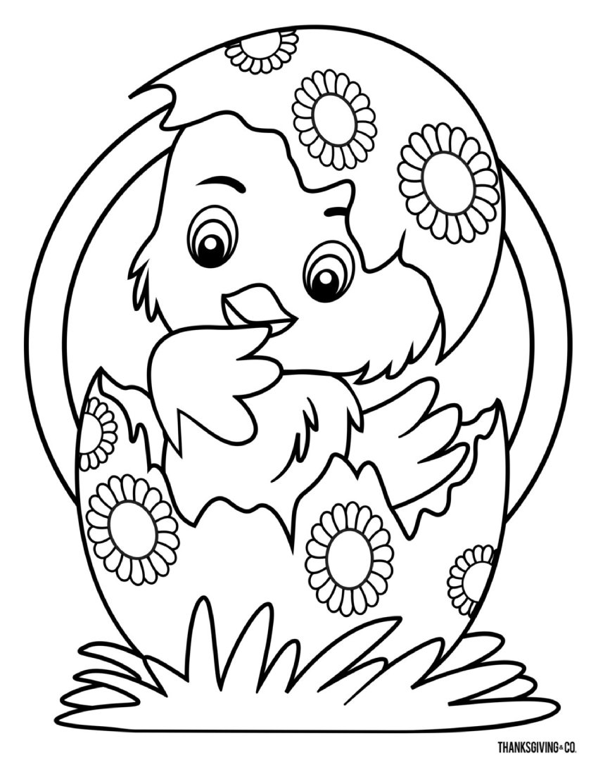 Desenho para imprimir e pintar de um pintinho saindo de um ovo da páscoa decorado