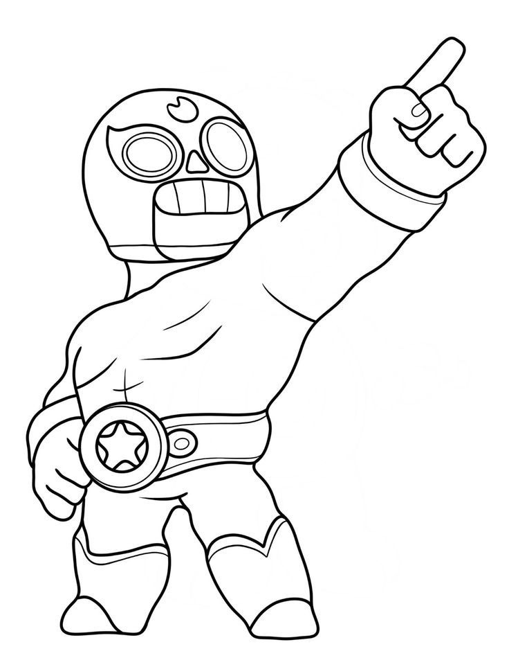 Desenho para colorir do personagem El Primo de Brawl Stars, um lutador mascarado com cinturão de campeão apontando para o céu.