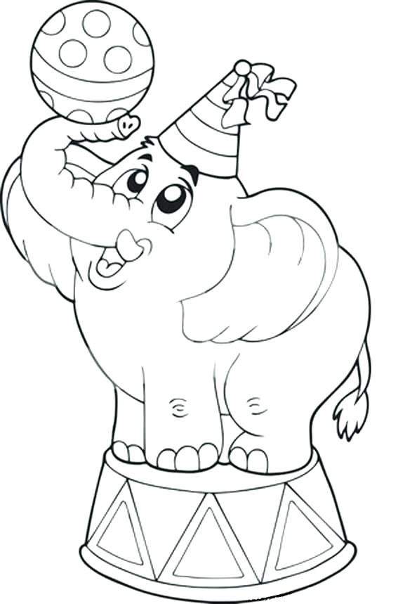Desenho infantil de um elefante bebê de circo com chapéu equilibrando bola sobre pedestal, para colorir e imprimir.